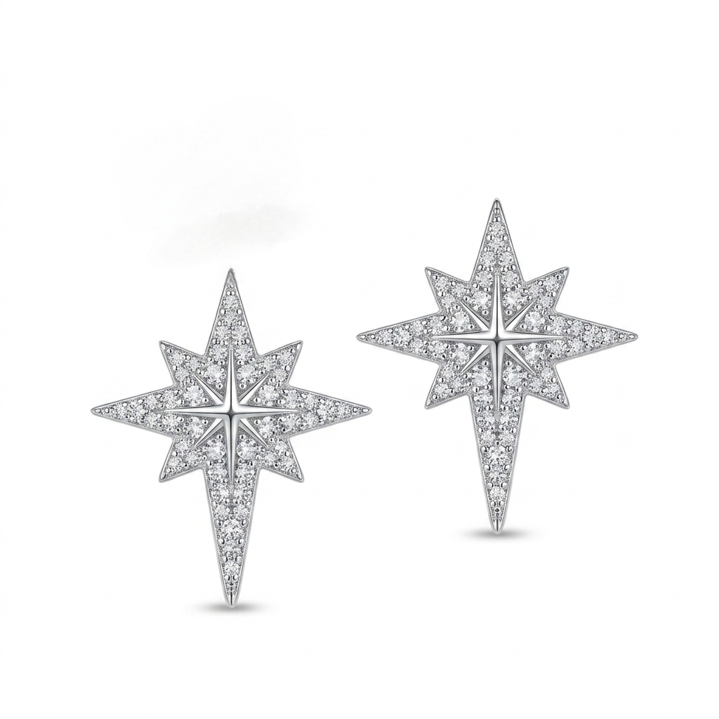 Silver Diamond Star Earrings