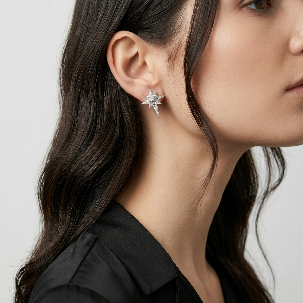 Silver Diamond Star Earrings